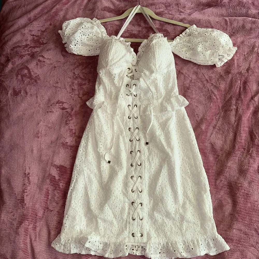 cottagecore white lace up puff sleeve dress - Picture 2 of 5